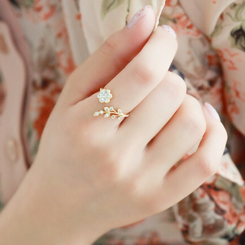 Flower Rhinestone Open Ring Rose Gold - Thejewellerystyle