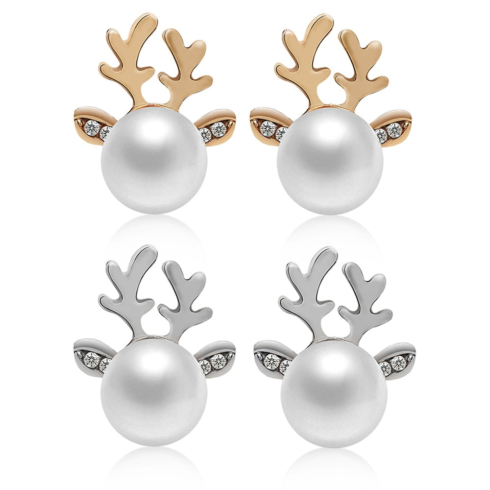 Christmas Pearl Deer Earrings Ear Stud - Thejewellerystyle